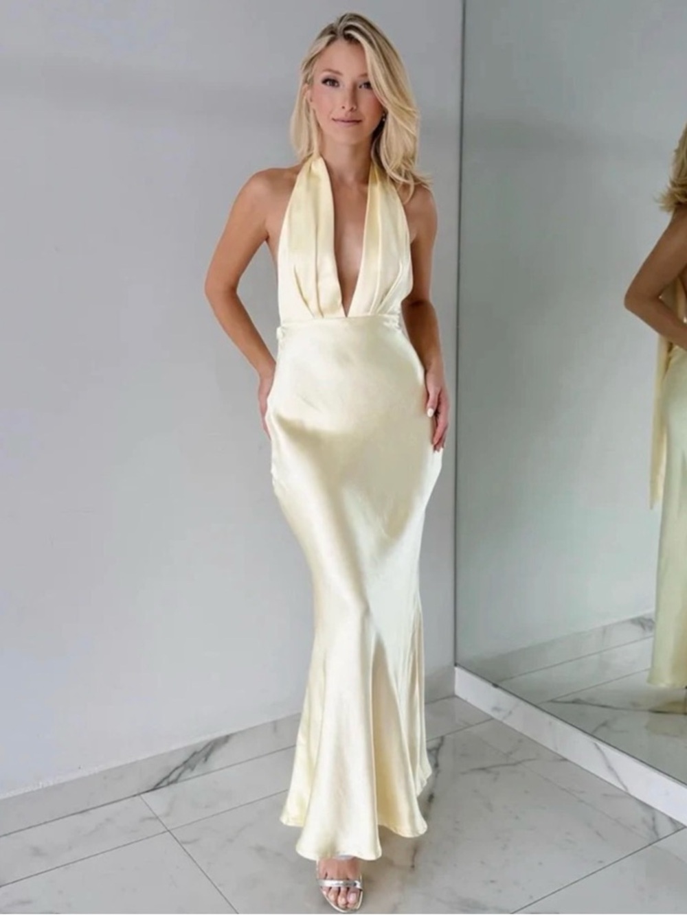 Plunge Halter Satin Maxi Dress in Cream